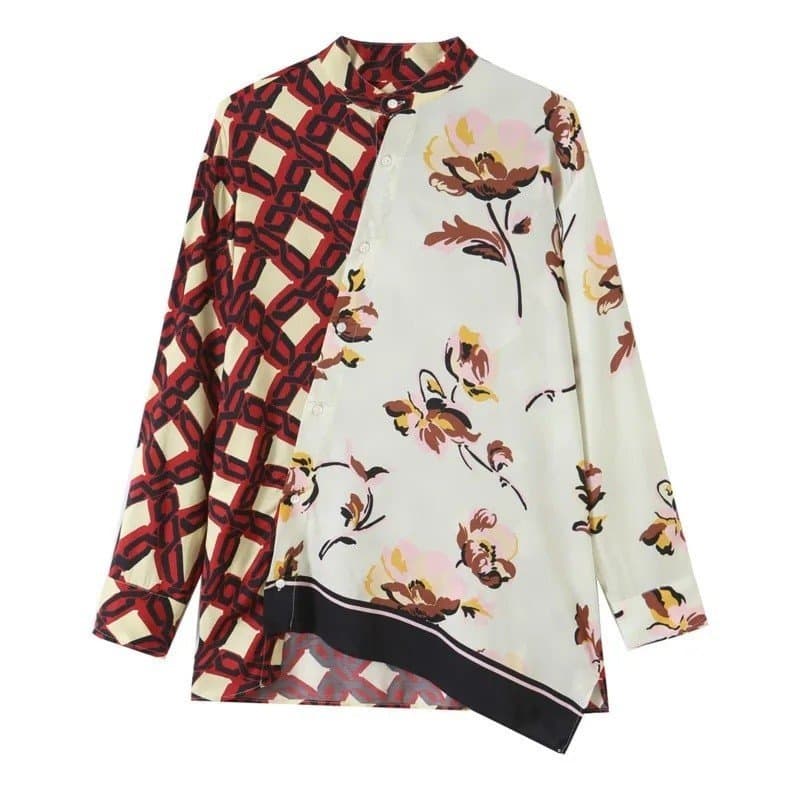 Camisa Feminina Estampada com Detalhes, Gola Alta, Manga Longa, Botões, Barra Assimétrica, Blusas de Moda Casual Vintage
