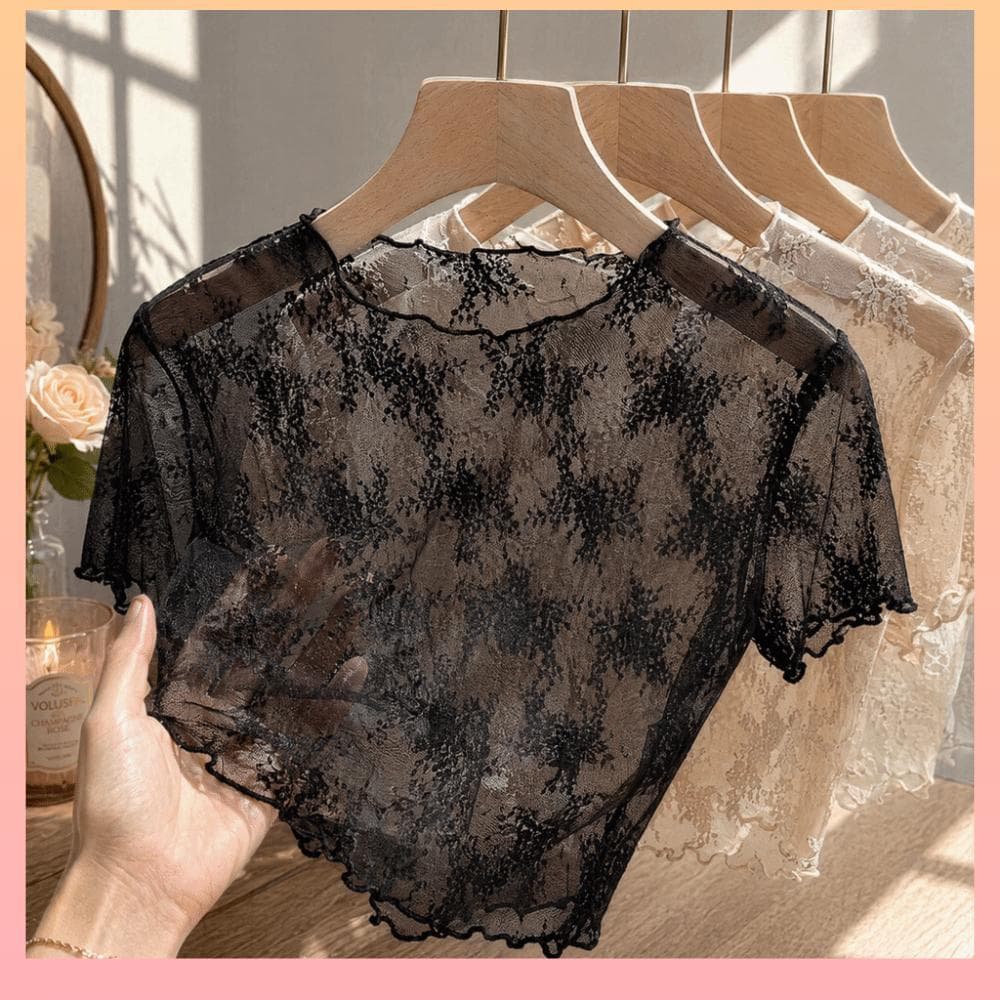 Blusa De Manga Curta De Renda , Malha Transparente Em Tecido Leve E Fino , Nylon