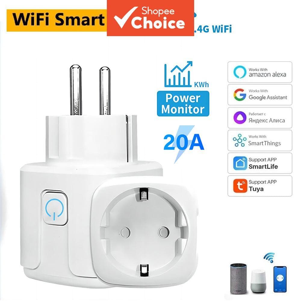 Plugue Inteligente Tuya EU 20A Tomada WiFi com Monitoramento de Energia, Controle Remoto, App, Compatível com Google