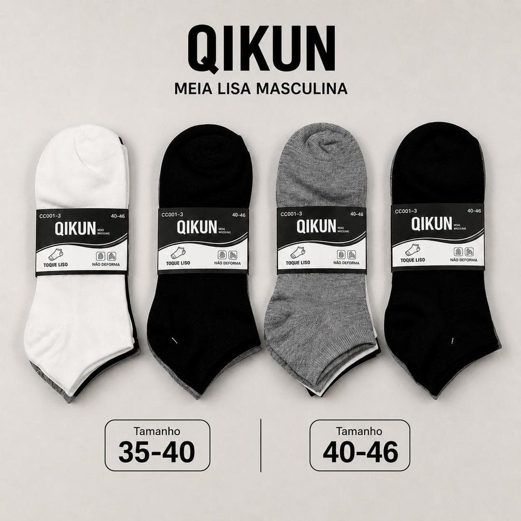 Meia Lisa QIKUN Cano Curto Feminina e Masculina Kit 6 ou 12 Pares