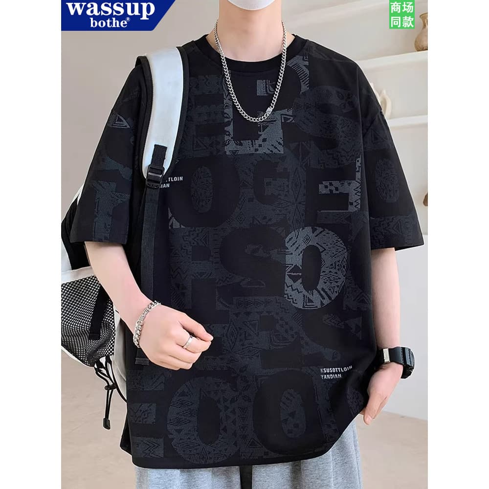 Americano Retro de manga curta camiseta masculina 2026 verão novo estilo gelo seda solta camiseta Casual esportes preto