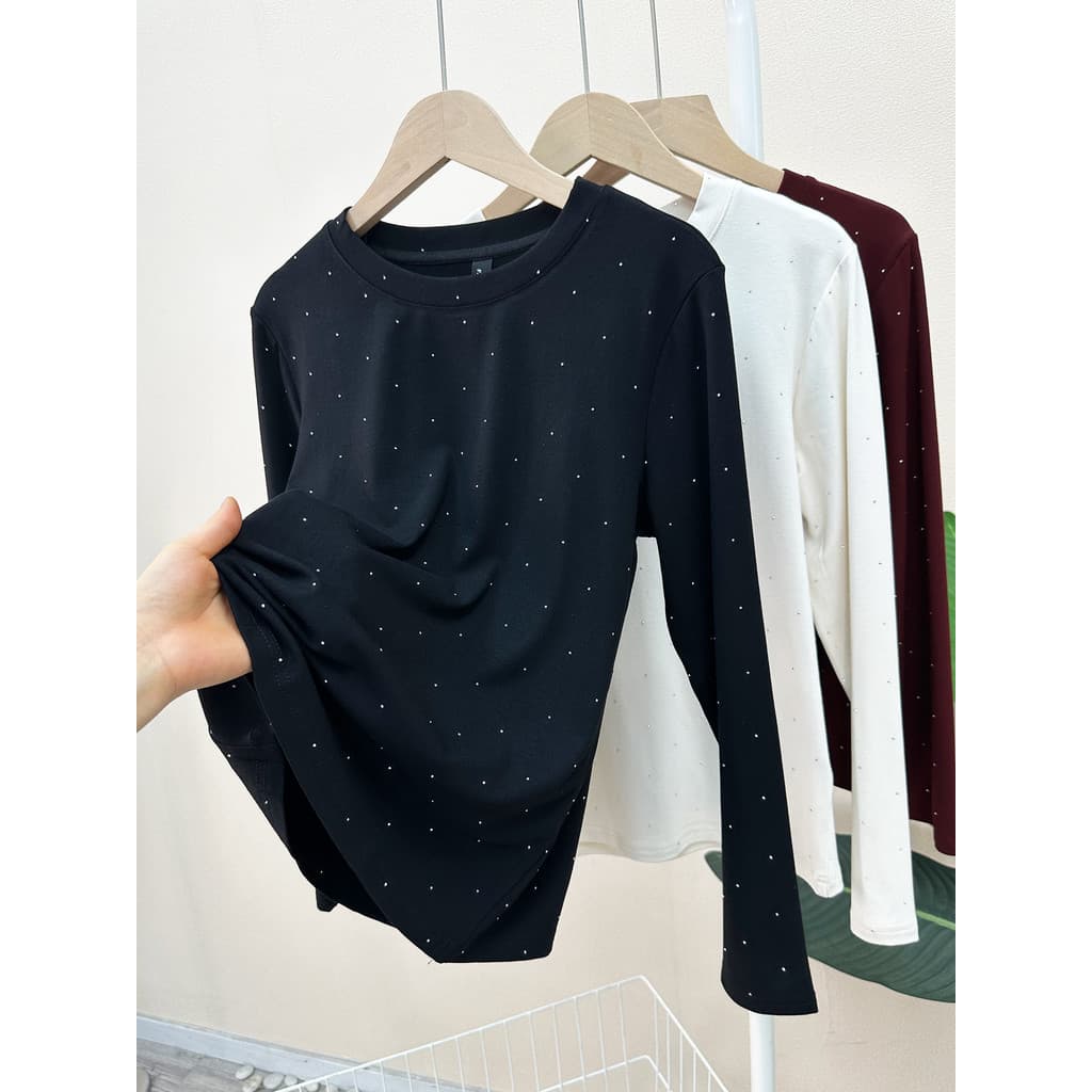Estilo ocidental moda Gypsophila diamante quente em torno do pescoço manga longa algodão humano camiseta feminina outono