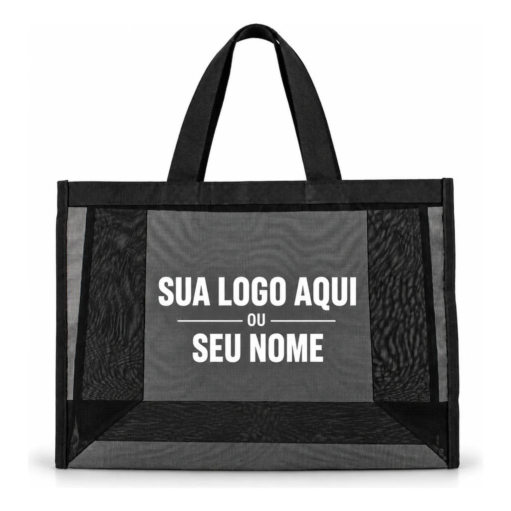 Bolsa Sacola Ecobag Personalizada Preta Grande Alças Reforçadas e Estrutura Telada Compras Mercado Feira Academia Praia