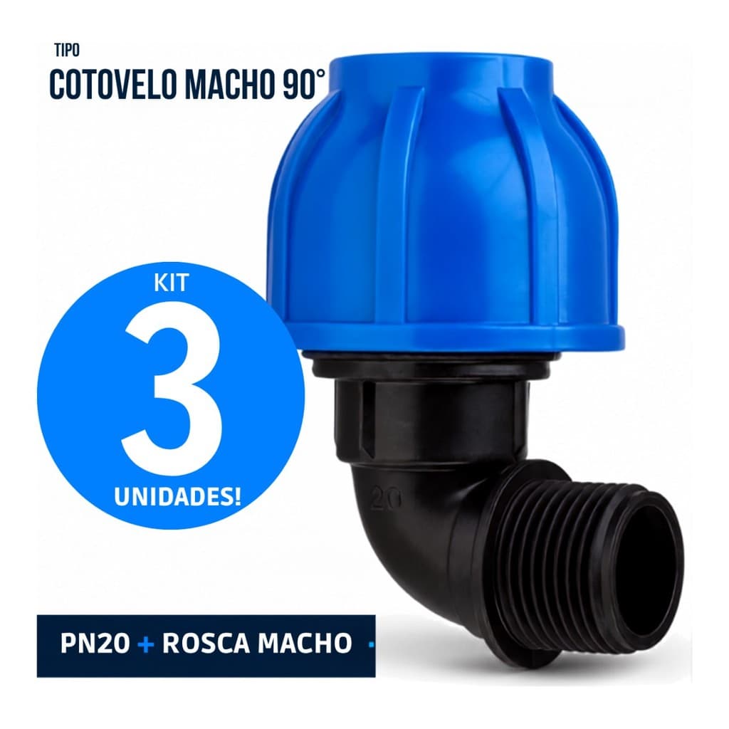 Kit 3 Cotovelos Macho de Compressão PEAD 63mm x 2 PN20 Pietrobon - Conexão 90° Rosca Macho para Tubo PEAD Água Fria Poço