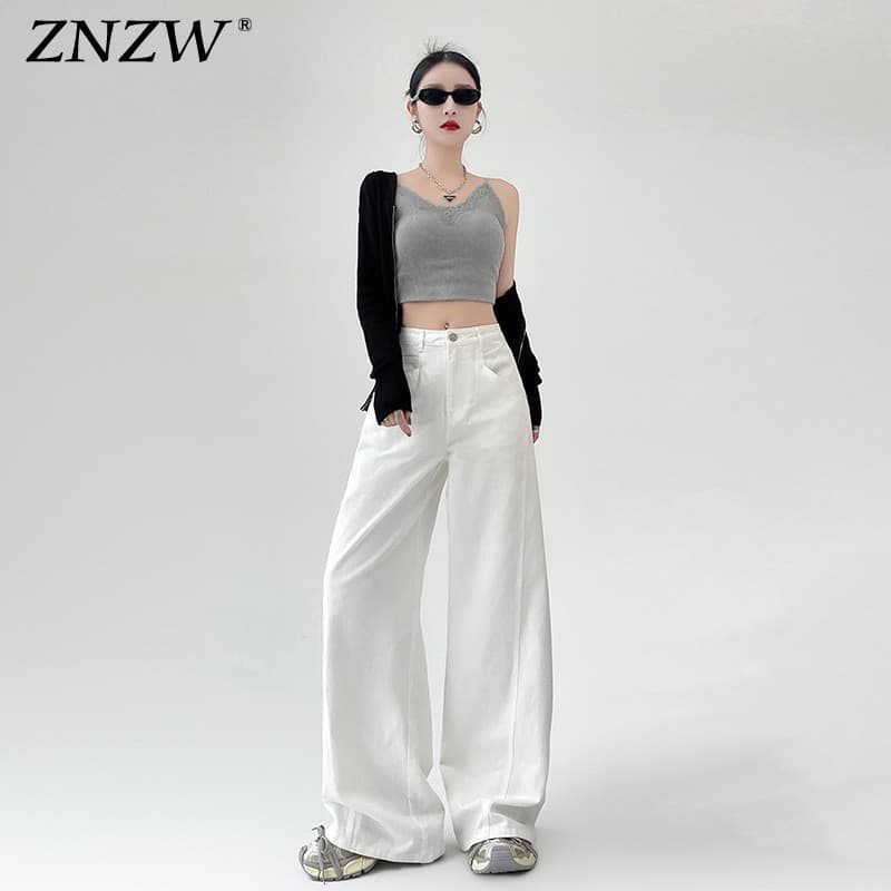 Calças de brim brancas femininas 2025 na moda All-Match novo estilo verão solto Drape Casual calças de perna larga calça