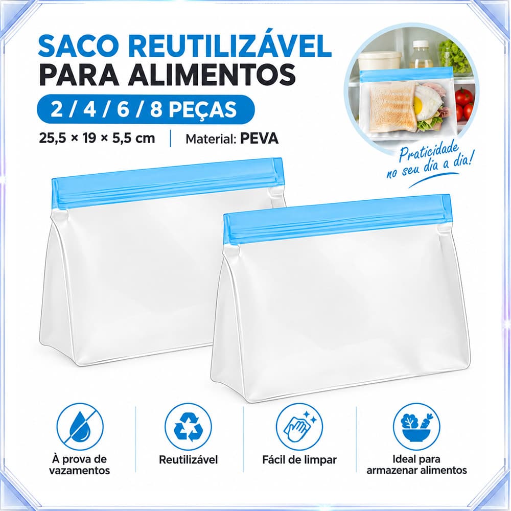 2/4/6/8 peças saco de preservação de alimentos 25.5 x 19 x 5.5 cm Material PEVA à prova de vazamento reutilizável