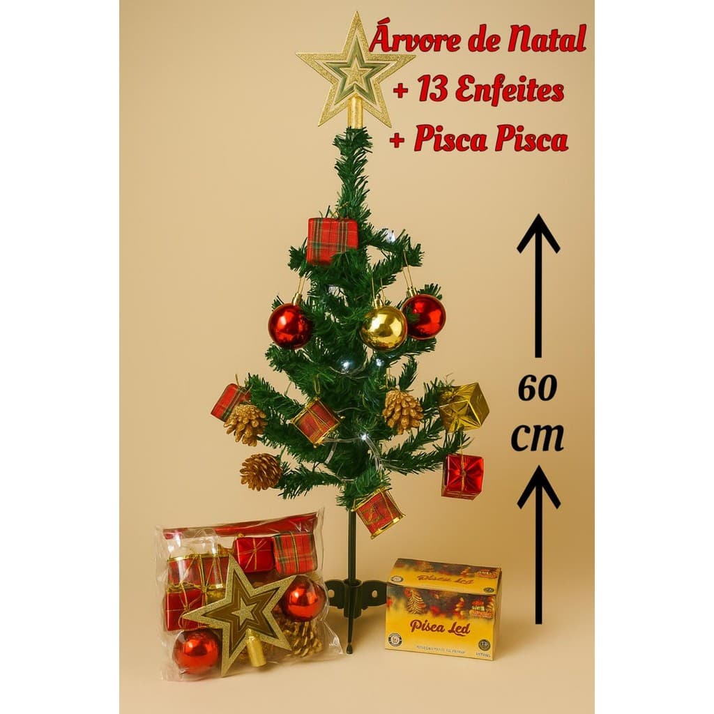 Árvore de Natal 60cm com 13 Enfeites e Pisca Pisca Branco – Kit Completo de Decoração Natalina