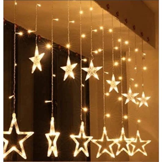 Cortina de Luzes Natalinas Estrelas 3m 110V/220V 12 Pendentes LED Quente, Branca e Colorida Decoração de Natal
