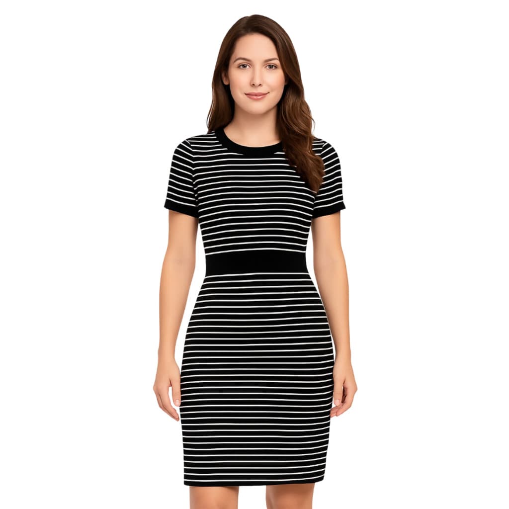 Vestido Feminino Midi Canelado Preto com Listras Brancas