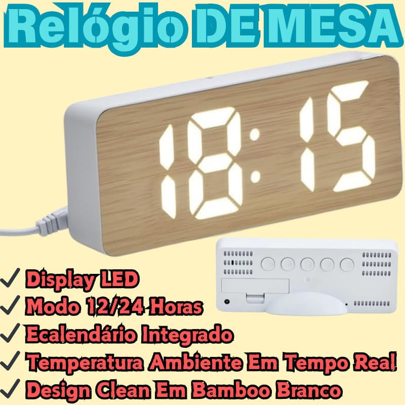 Despertador De Cabeceira LED Branco Digital Silencioso Com Padrão De Madeira Multifuncional