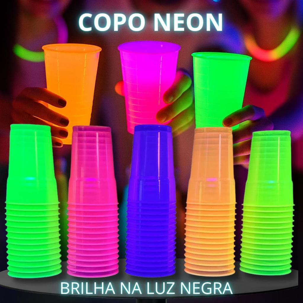Kit 100 Copos Neon Descartável 300ml Festa Balada Brilha na Luz Negra