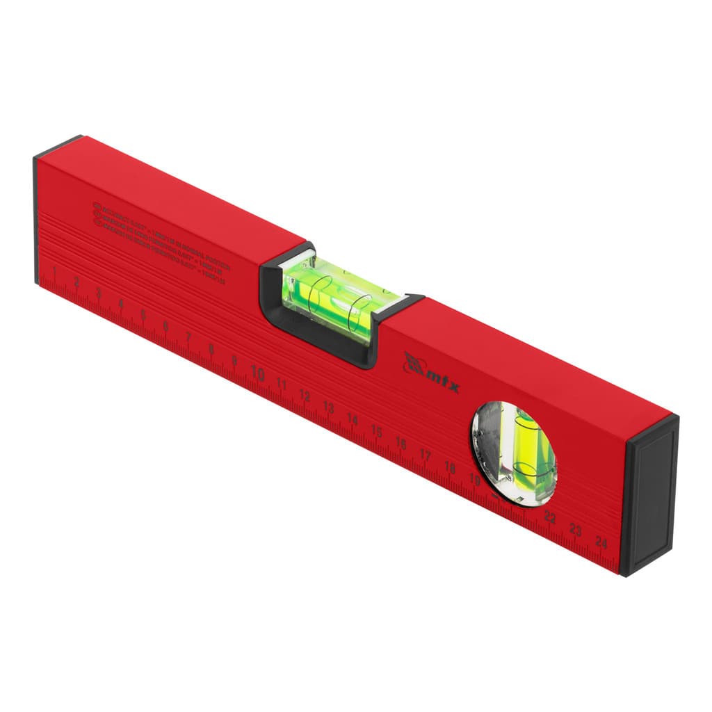 NIVEL DE ALUMINIO, COM REGUA, VERMELHO, 2 BOLHAS, 10POL., 250MM, 1PC // MTX