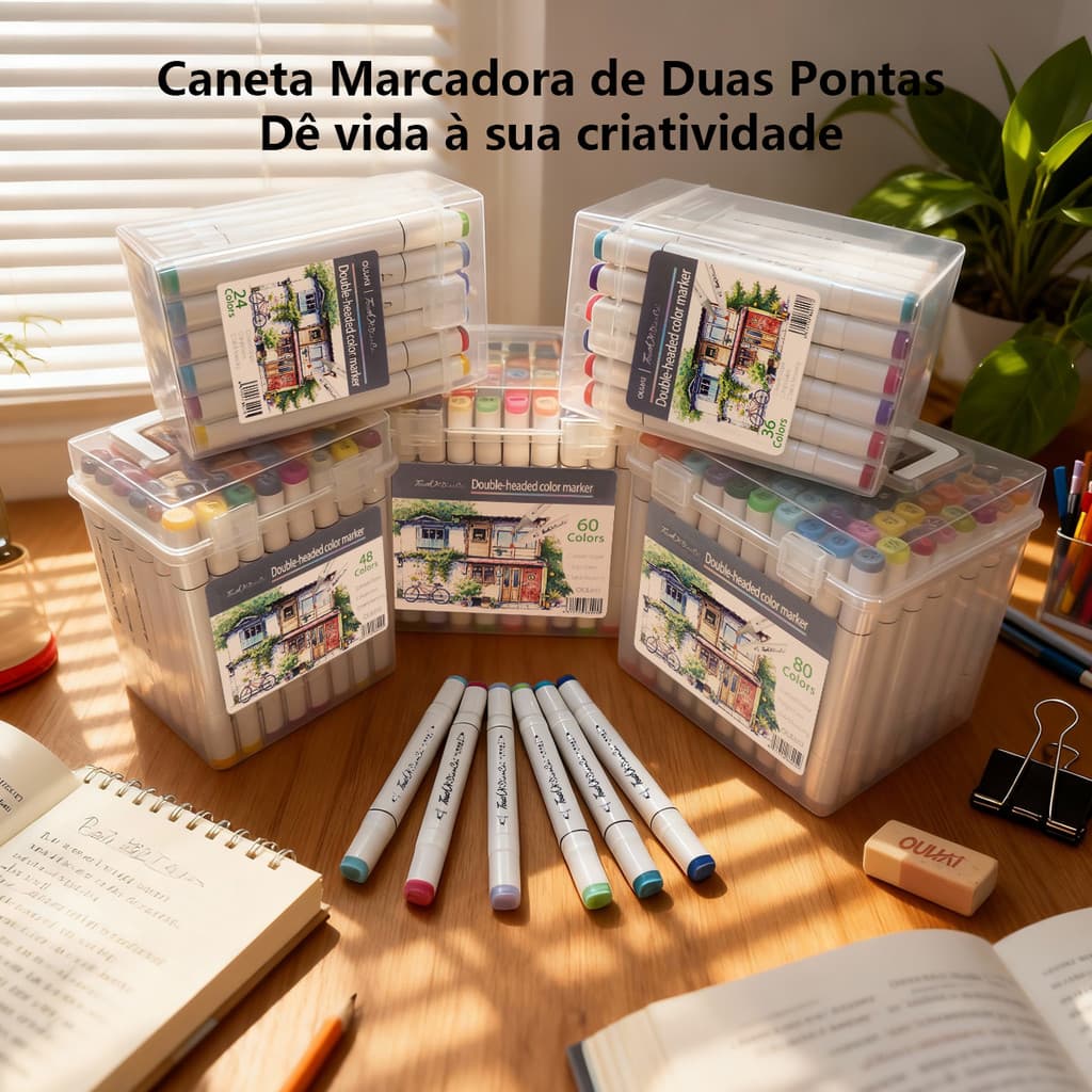 24/36/48/60/80/120 Cores Canetas Marcadores Dupla Ponta com Estojo Plástico Organizador FUSHANG