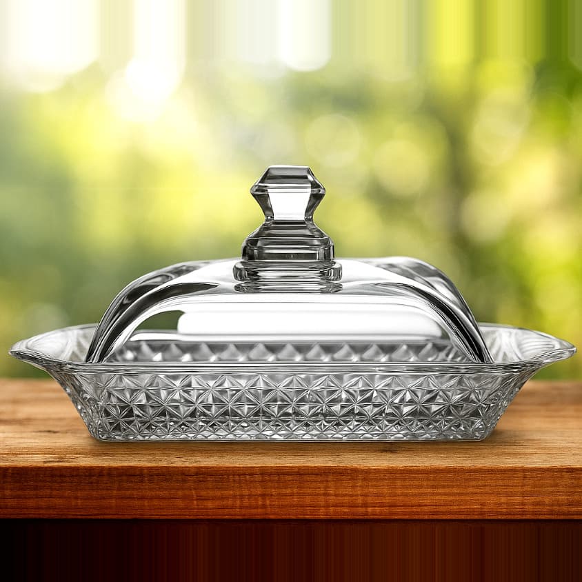 Manteigueira De Vidro Com Tampa E Detalhes Luxuosa Cristal Para Cozinha Porta Manteiga
