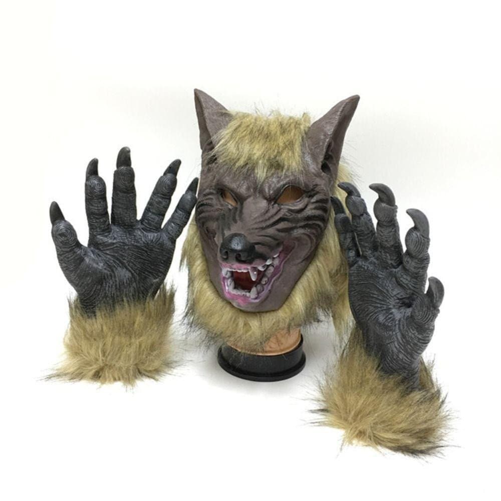 Luvas de Lobisomem NIDOSE Cabeça de Lobo para Halloween, Feitas de Látex com Pele Artificial, Fantasia Realista de Borra