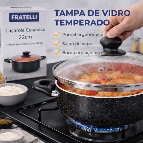 Caçarola Ceramicada 22cm Tampa Vidro Revestimento Antiaderente Alta Durabilidade Fácil Limpeza