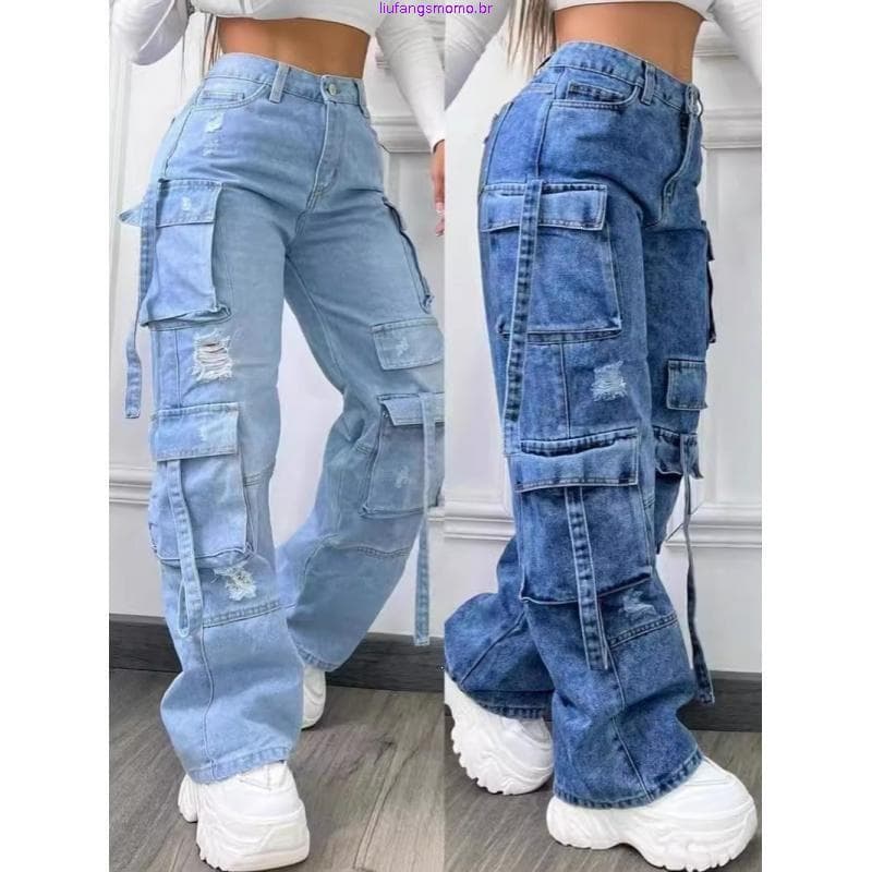 Calça Jeans Casual Feminina Versátil de Cor Sólida com Múltiplos Bolsos, Tamanho Grande, Cintura Alta para Mulheres 2026
