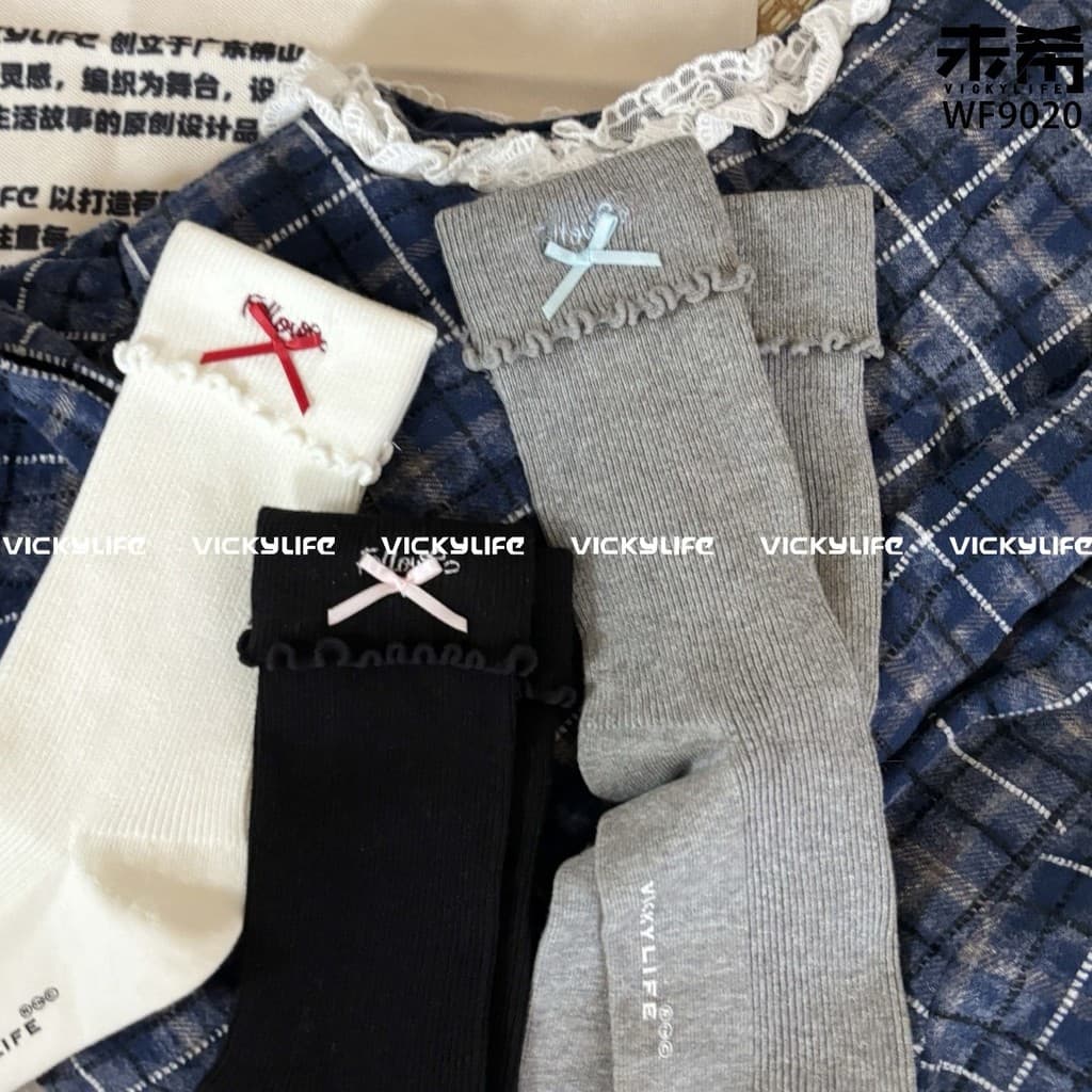 Lindo para o Coração!Meias de renda com laço doce menina renda em cano médio 9020 meias de pilha com Design flangeado