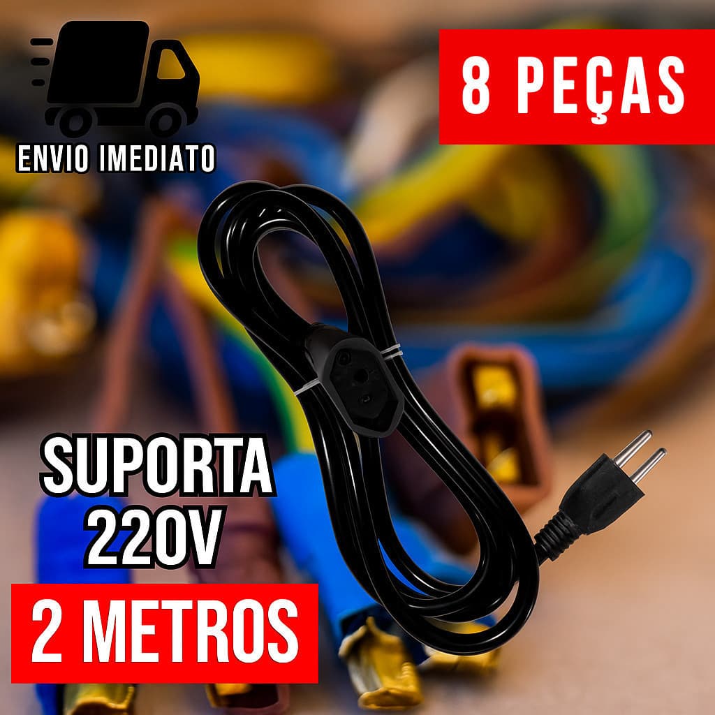 Kit 8 Extensão Elétrica e Prolongador Preto Extensor de Cabo 2 Metros e  Bivolt 110v e 220v