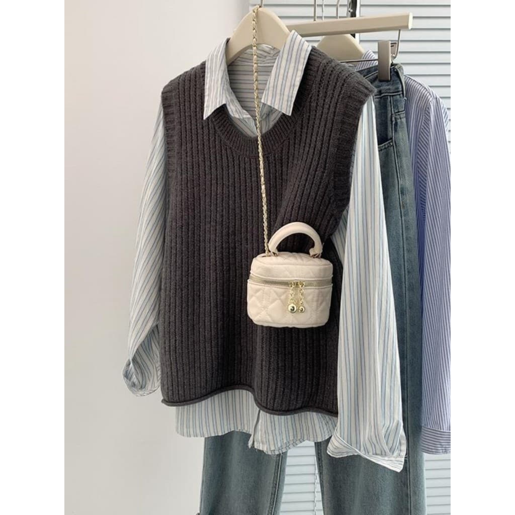 Xiaoxiang estilo Design elegante Retro listrado colete feminino Dongdaemun 2024 outono novo estilo oco topo elegante