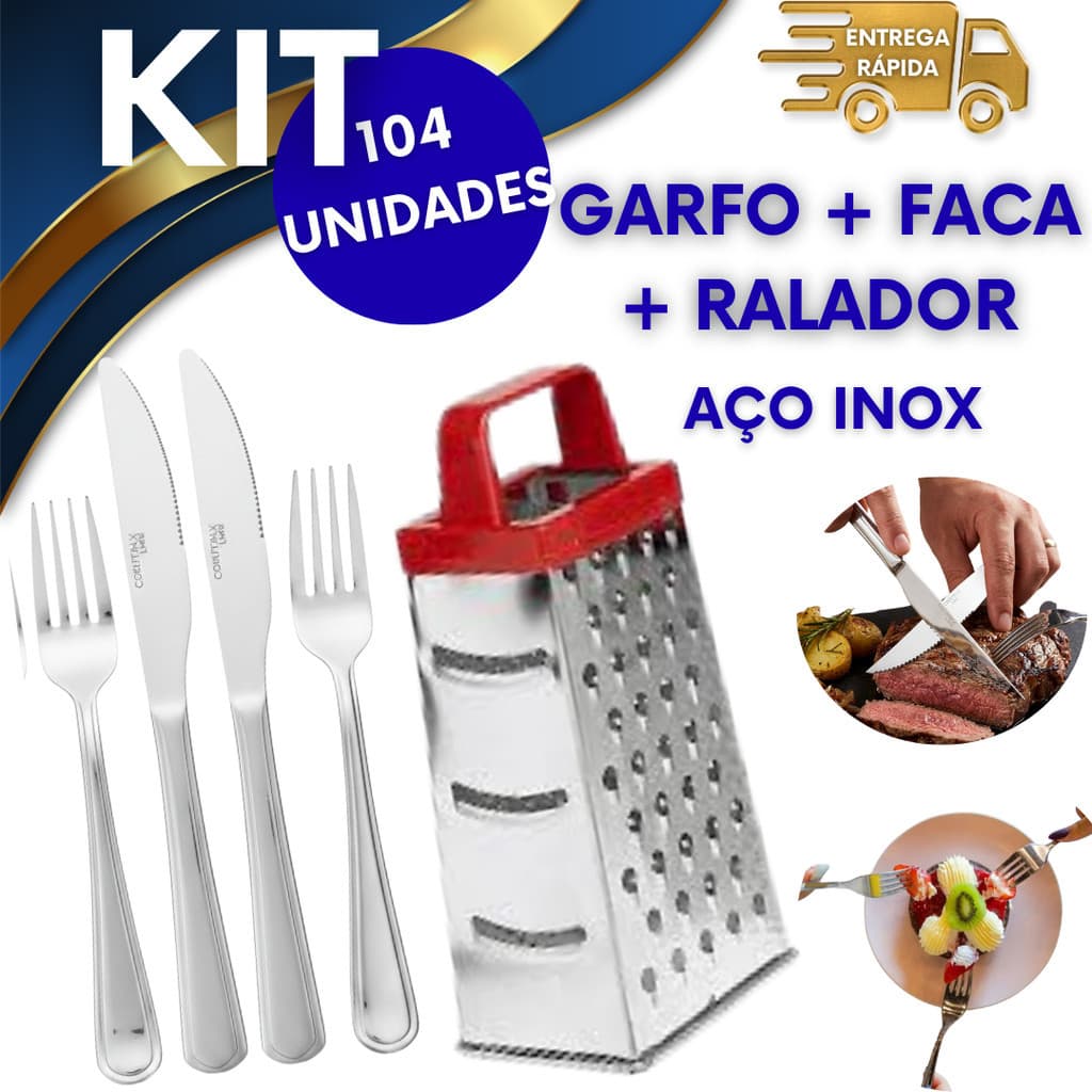 JOGO 104 GARFOS FACAS RALADOR INOX RESISTENTE TALHER PARA VIAGEM CHURRASCO RALADOR PARA QUEIJOS