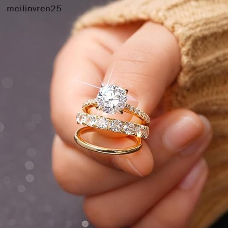 MEL 3 Pçs Conjunto De Temperamento De Luxo Cinco Garras Incrustadas Cristal Zircão Anel Para Mulheres Casamento Moda Cha