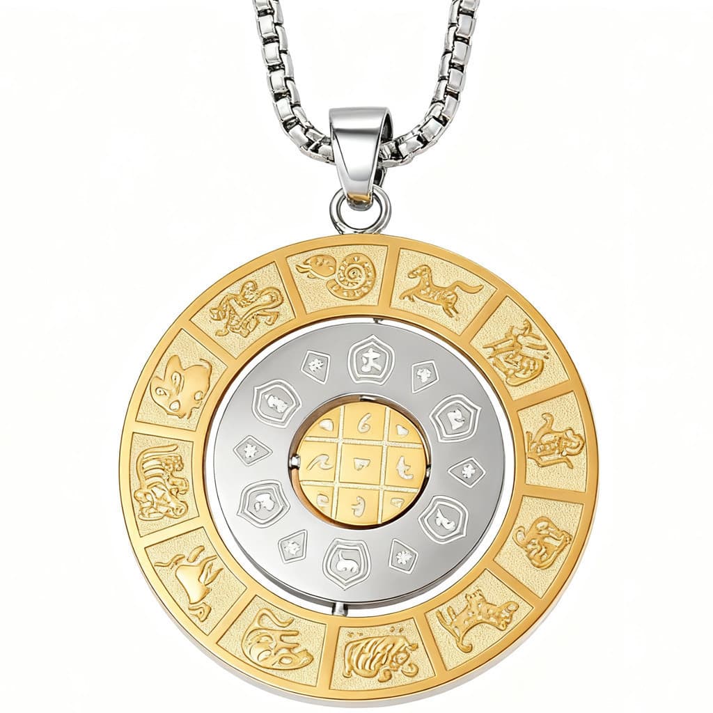 Colar da Sorte Giratório para Homens e Mulheres, com os doze signos do zodíaco chinês, Tai Chi, Colar Vintage de Aço Tit