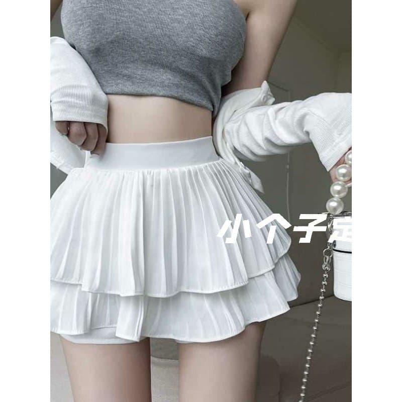 Pequeno terno alto branco saia plissada feminina saia de verão curta cintura alta bolo saia curta xs