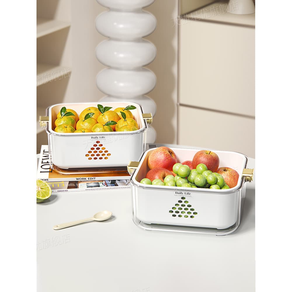 Xingyou Bacia de lavagem de vegetais Cesta de drenagem de camada dupla 2026 Novo estilo Cozinha doméstica Cesta quadrada