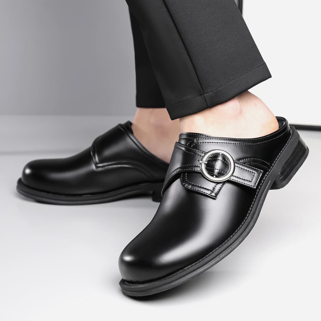 Estilo de negócios meia chinelos sem salto preto Baotou chinelos masculinos verão juventude respirável sapatos de couro