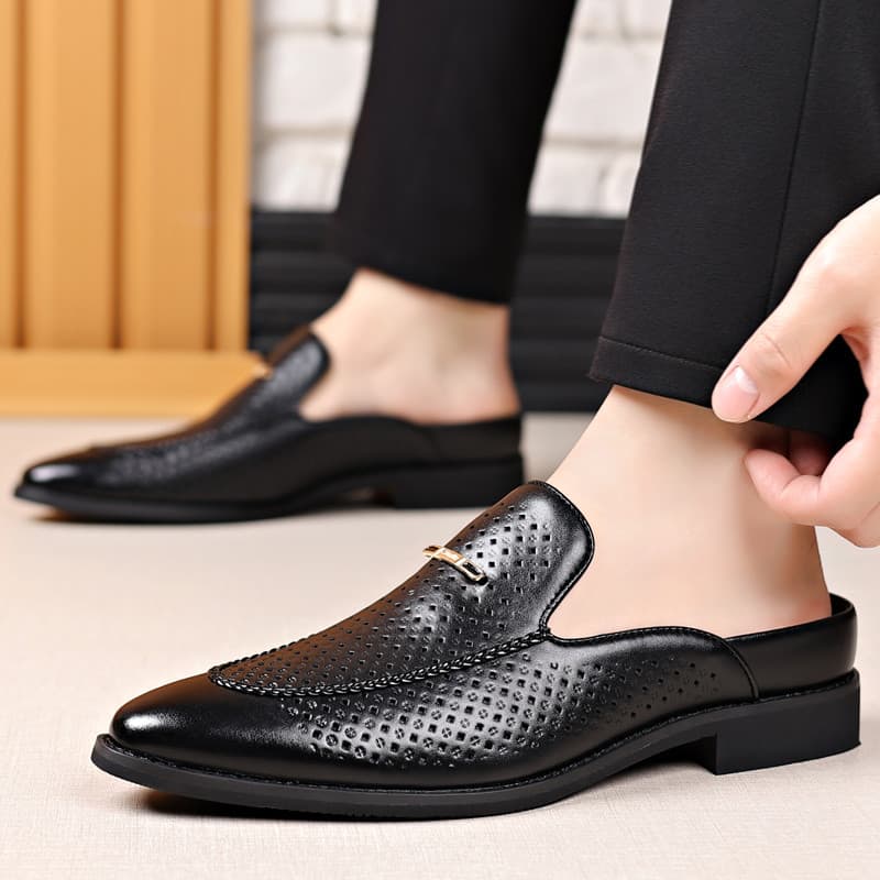 Baotou meia chinelos masculino verão respirável exterior Wear antiderrapante um Pedal Casual meio suporte couro genuíno