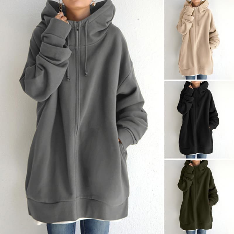 2024 Outono-Inverno Novo Estilo de Inverno Único, Moletom Feminino com Capuz e Zíper, Longo, Solto, Casual, de Lã C1JV