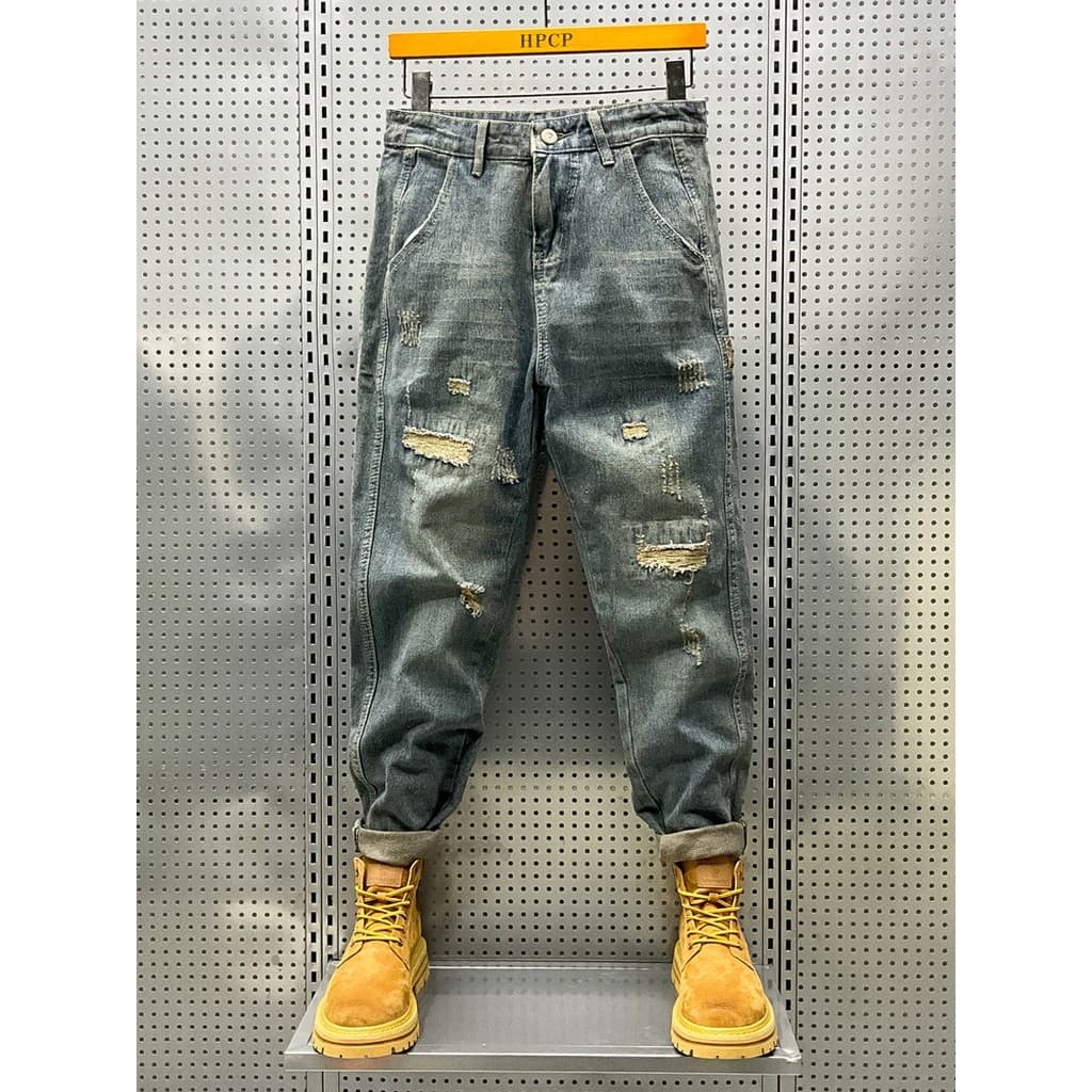 HPCP Retro Angustiado Rasgado Jeans Homens Verão Estilo Fino Street Wear Solto Reto Tornozelo-Leg Calças Casuais Homens