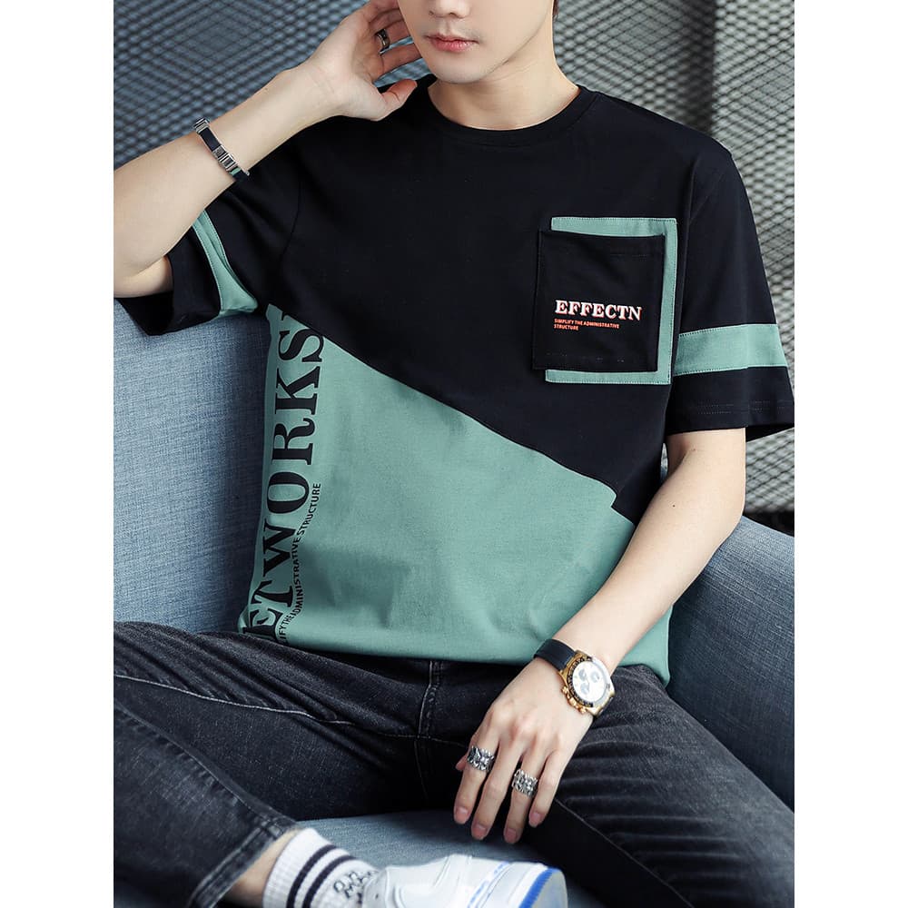 Camiseta masculina de manga curta de verão puro algodão meia manga contraste cor na moda Street Wear gelado respirável t