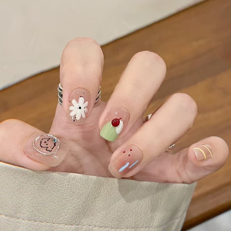 Verão cereja flor vestindo unhas melão sorvete bonito unhas curtas dos desenhos animados simples ins estudante Manicure