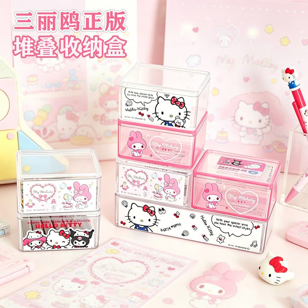 Sanrio genuíno Mini caixa de armazenamento acrílico Hello Kitty empilhamento jóias anel de cabelo com tampa caixa de arm