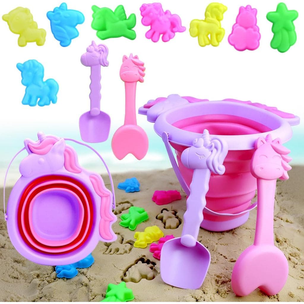 Conjunto de Baldes e Pás de Areia Dobráveis para Praia, Brinquedos de Praia para Crianças com Regador de Unicórnio e Bal