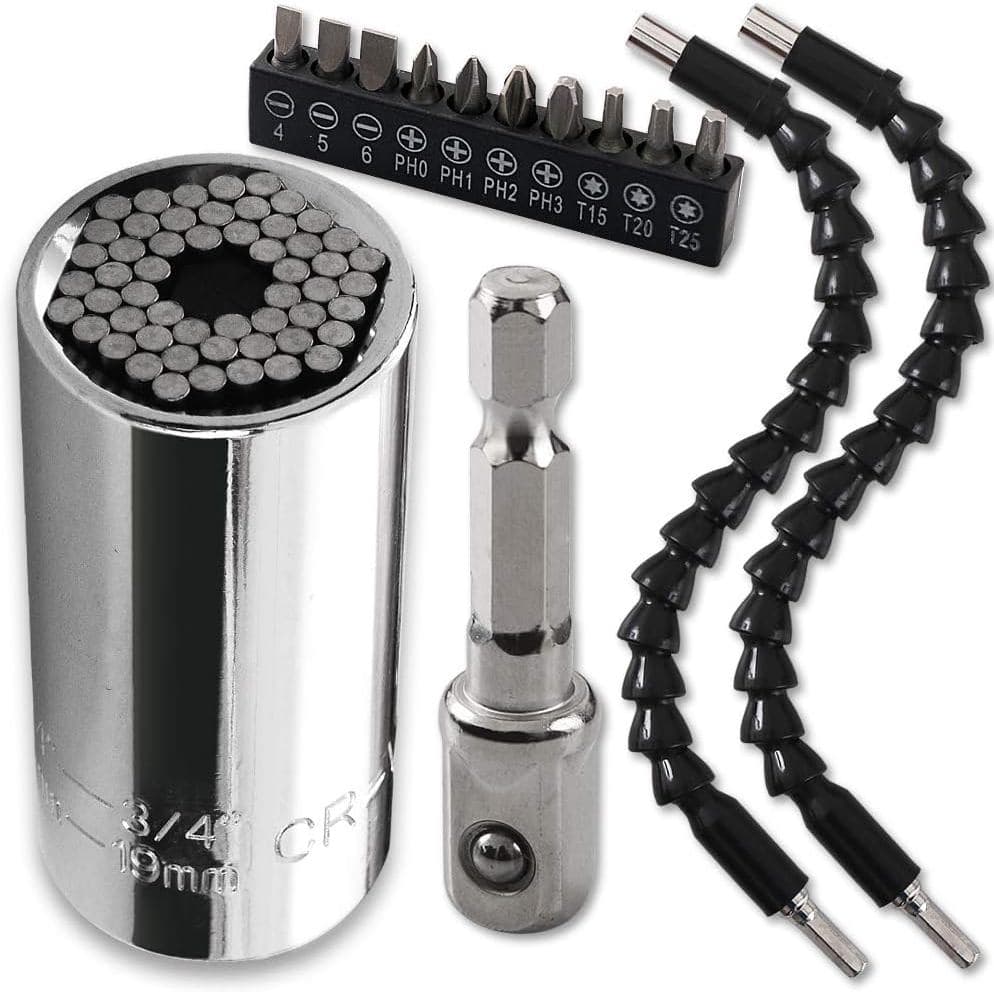 Chave de Soquete Universal, Soquete Autoajustável Compatível com Padrões de 1/4''-3/4'' (7-19mm) com Adaptador de Furade