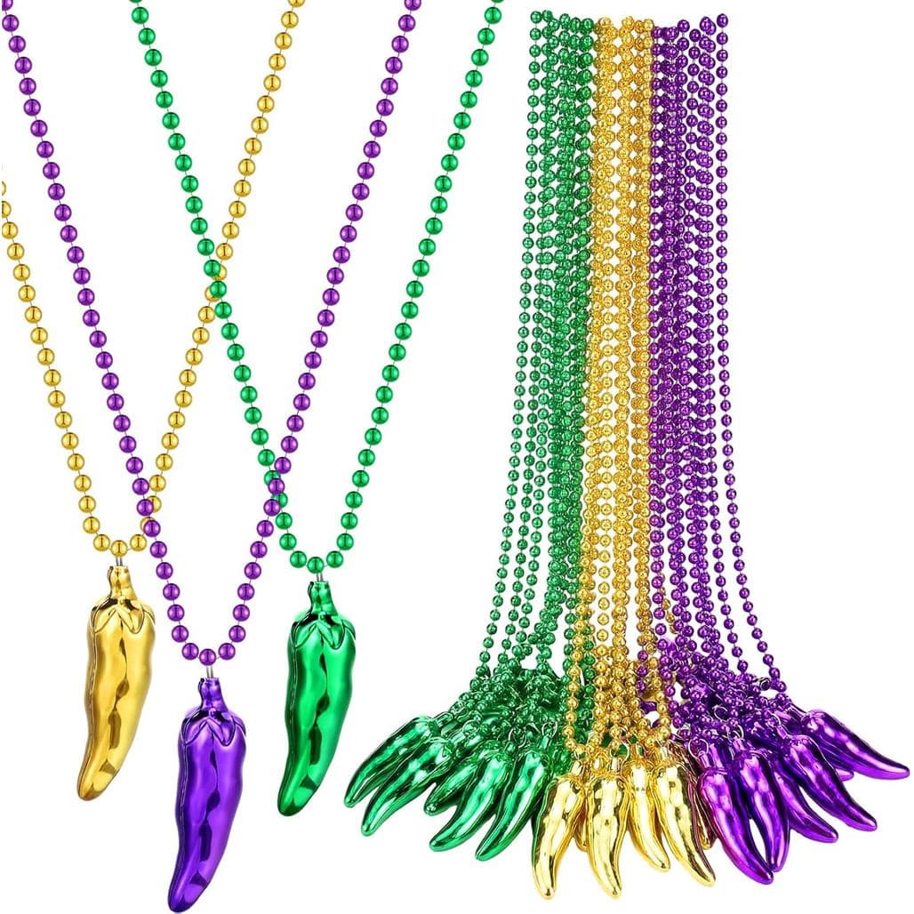 XunYee 24 Pcs Mardi Gras Bead Necklaces Yellow Green and Purple Chili Pepper Bead Necklaces Throws Bulk Chili Pendant Pa