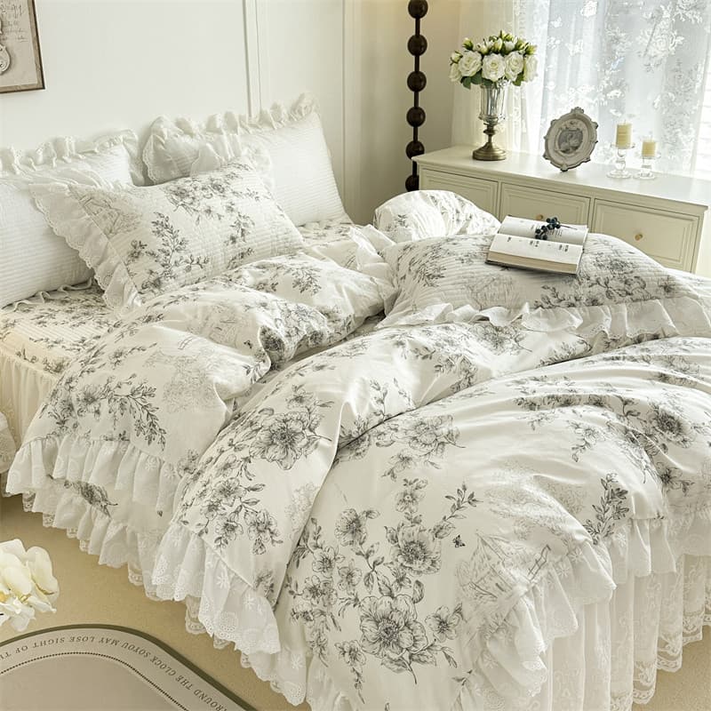 Novo estilo francês 100% algodão acolchoado saia de cama capa de edredão conjunto de quatro peças algodão babados estilo