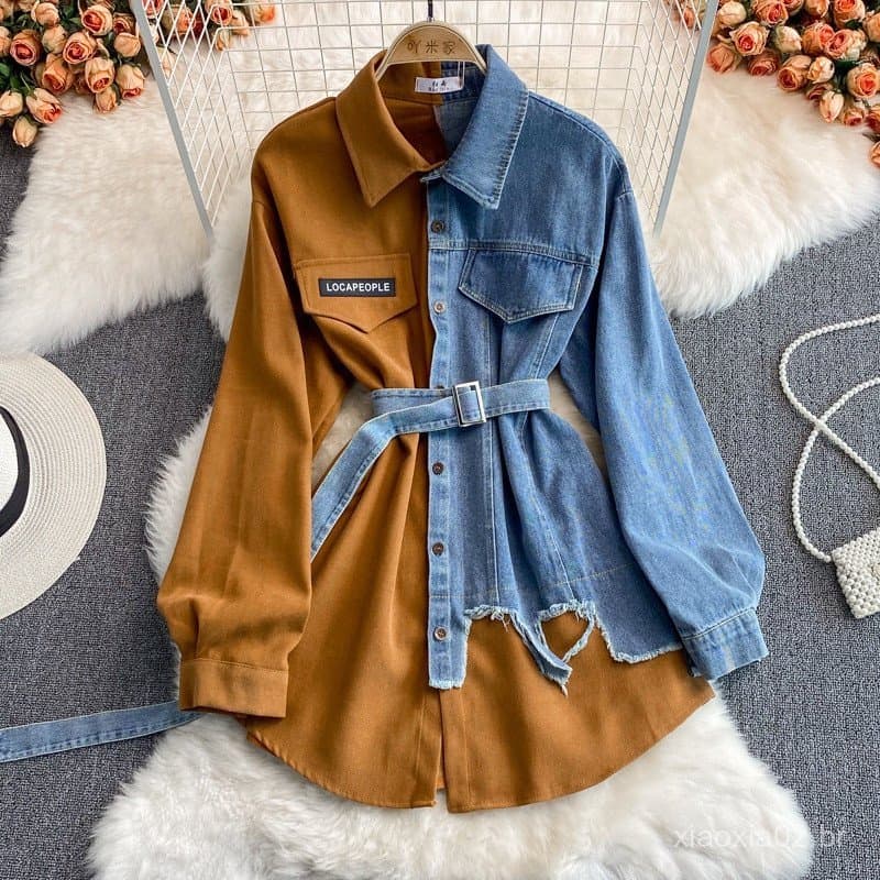 Vestido Curto de Corduroy Feminino com Costura em Denim, Novo Vestido Irregular de Comprimento Médio para Outono Inverno