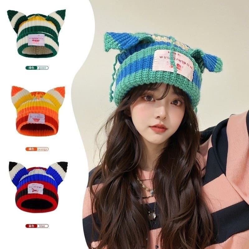Novo gorro de malha estilo coreano com cores contrastantes, orelhas de porco fofas, gorro de lã espesso para mulheres, e