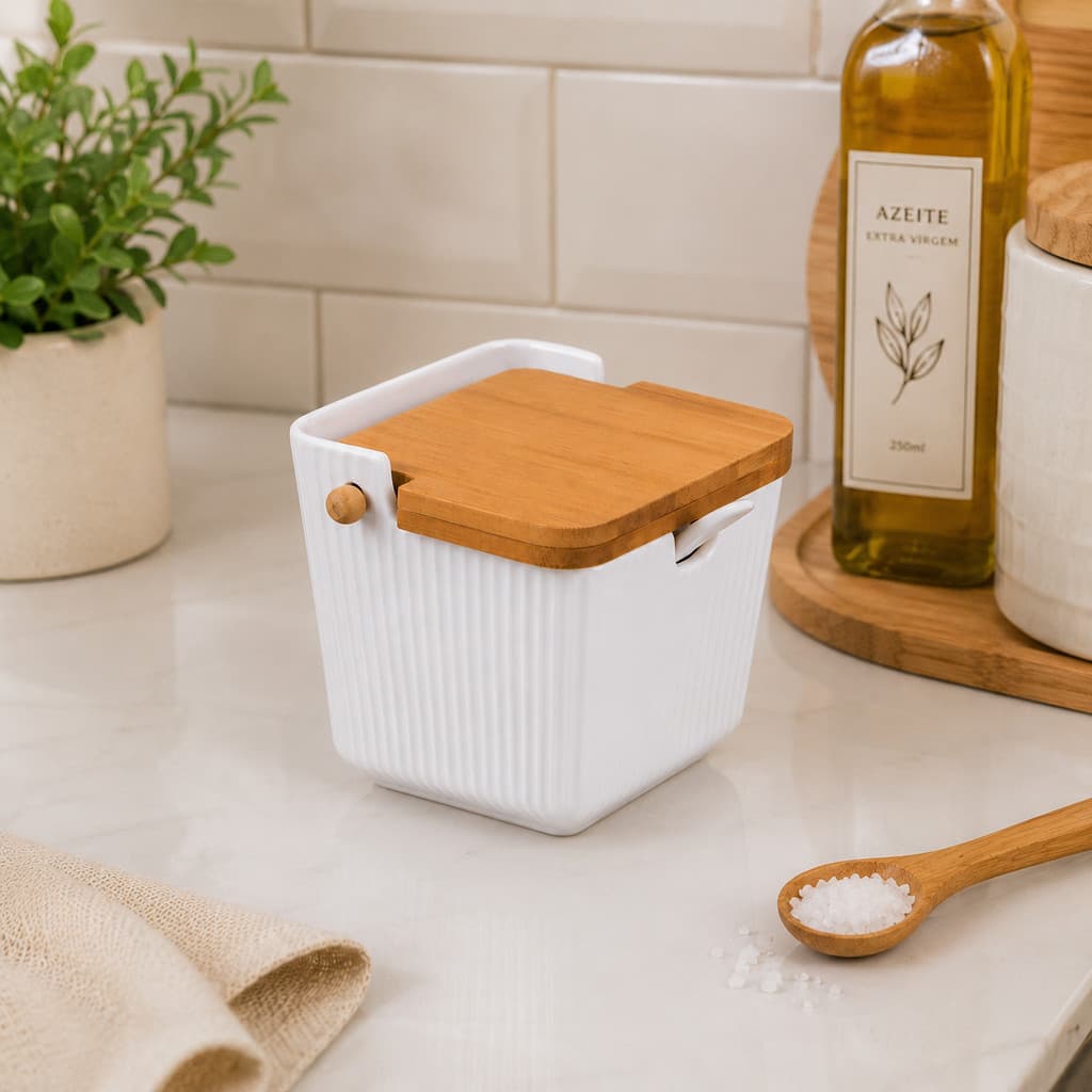 Saleiro de Cerâmica 300ml com Tampa de Bambu Hauskraft Premium Porta Sal Cozinha Decorativo