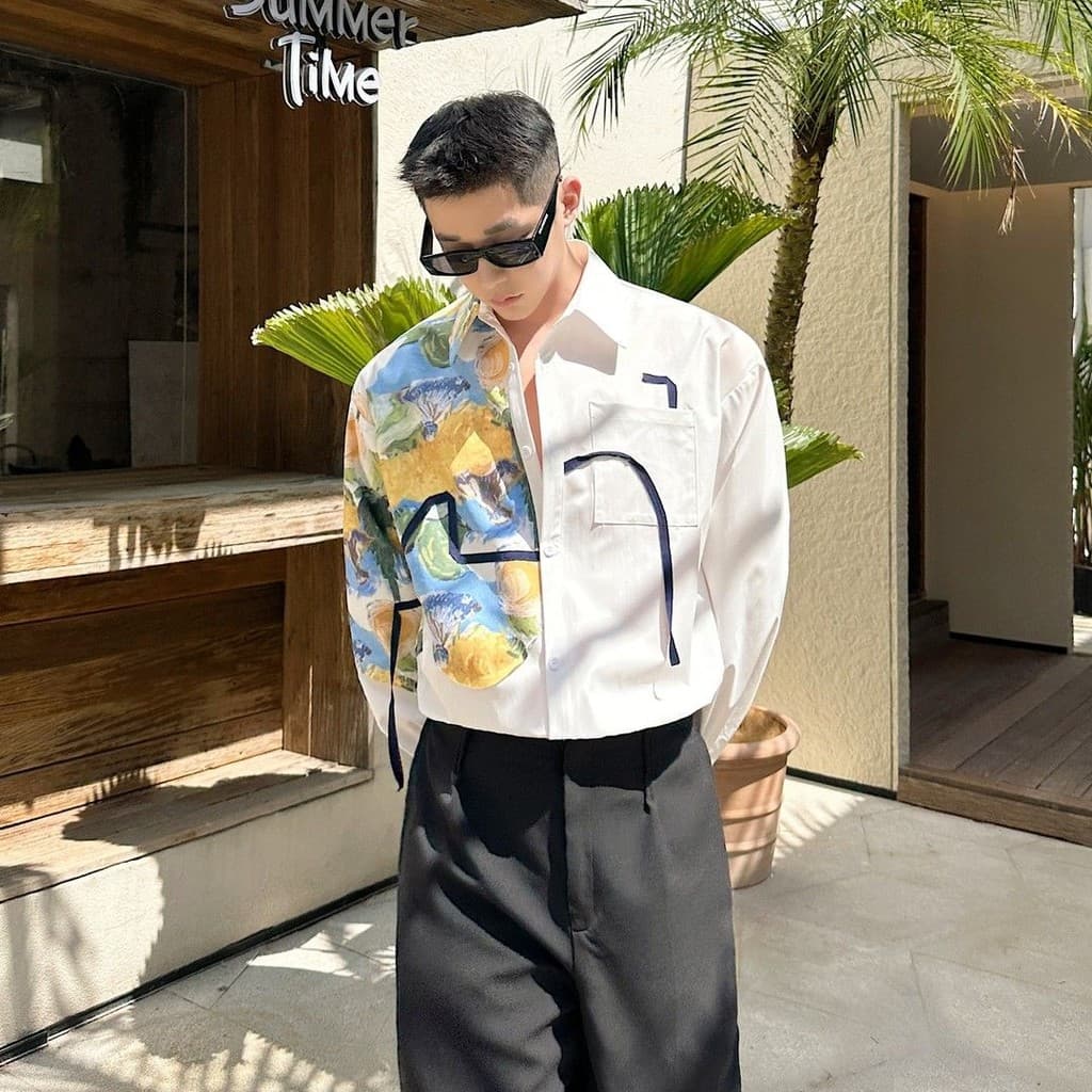 2026 primavera nicho pintura a óleo camisa masculina manga longa versão coreana elegante luz luxo francês High-End topo