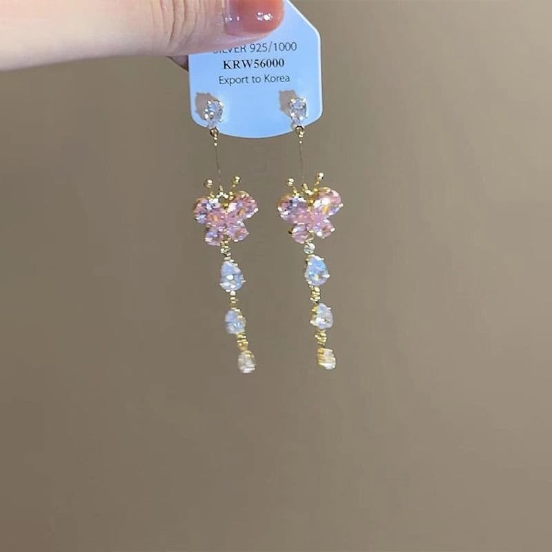 Brincos Estilo Fada com Zircônia Rosa e Borboleta, com Franjas Longas