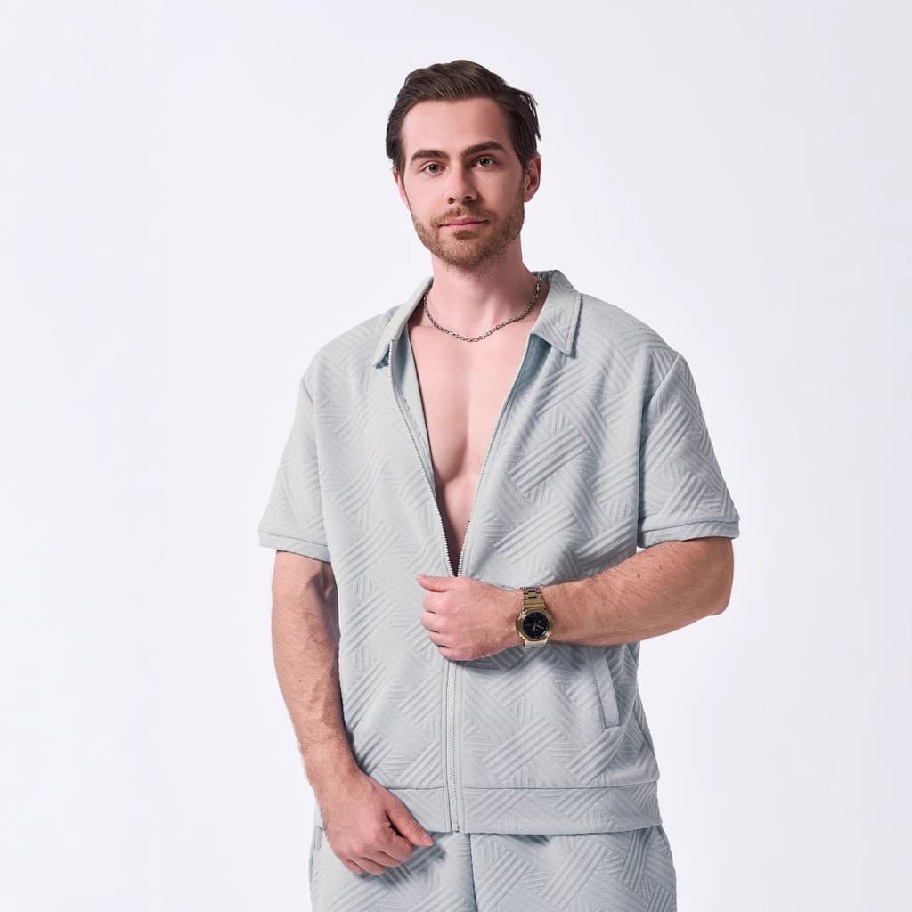 Novo casaco masculino de verão, soltinho, em jacquard de cor sólida, com bolso com zíper, estilo casual para atividades