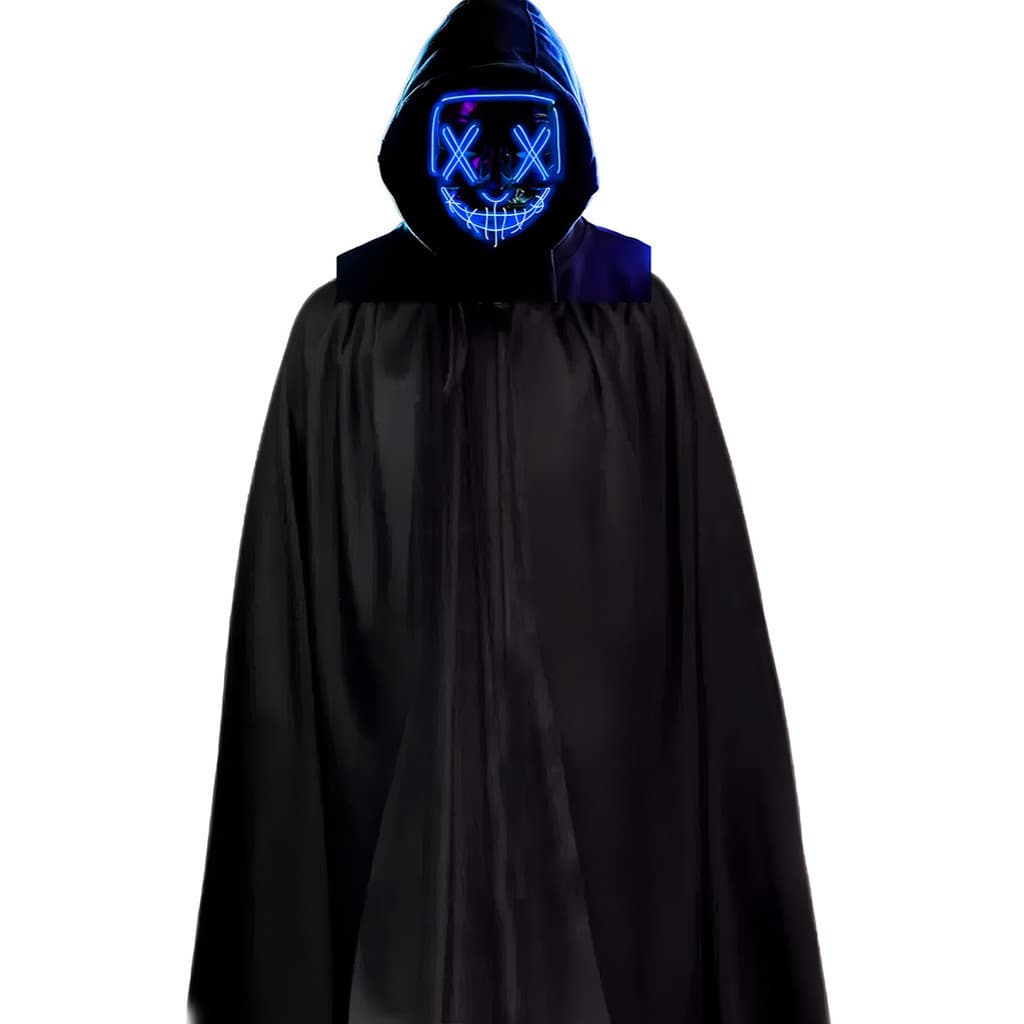 Máscara LED Neon Fantasia Cor Aleatória e Capa Preta para Cosplay de Halloween