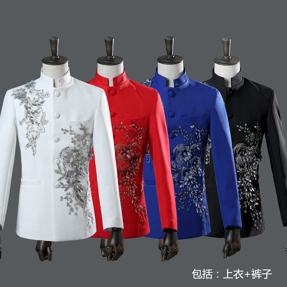 [24 horas] Vestido masculino Zhongshan terno cantor palco gola alta traje de desempenho 54 traje juvenil tridimensional