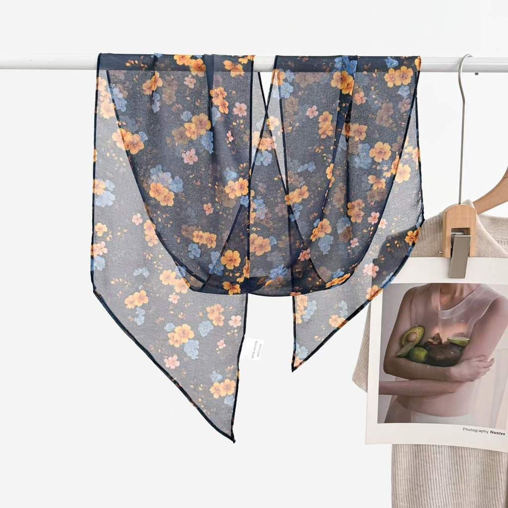 Floral impressão triângulo lenço de seda azul marinho fundo laranja flor decoração cachecol primavera verão estilo Retro