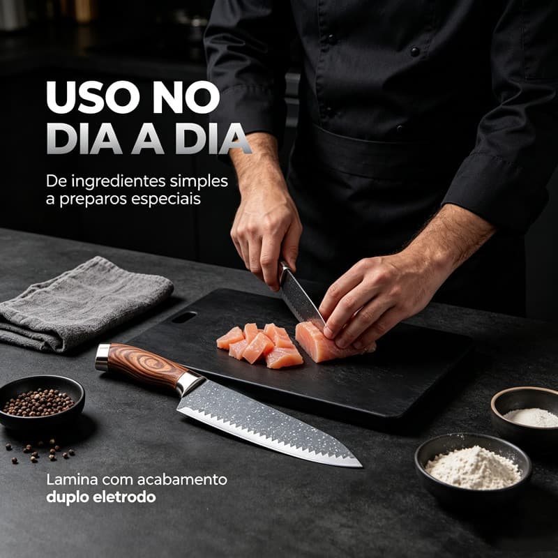 Faca Chef Japonesa Dupla Proteção Banhada Ouro Revestimento Granito Antiaderente Fio Serrilhado Multiuso Cozinha
